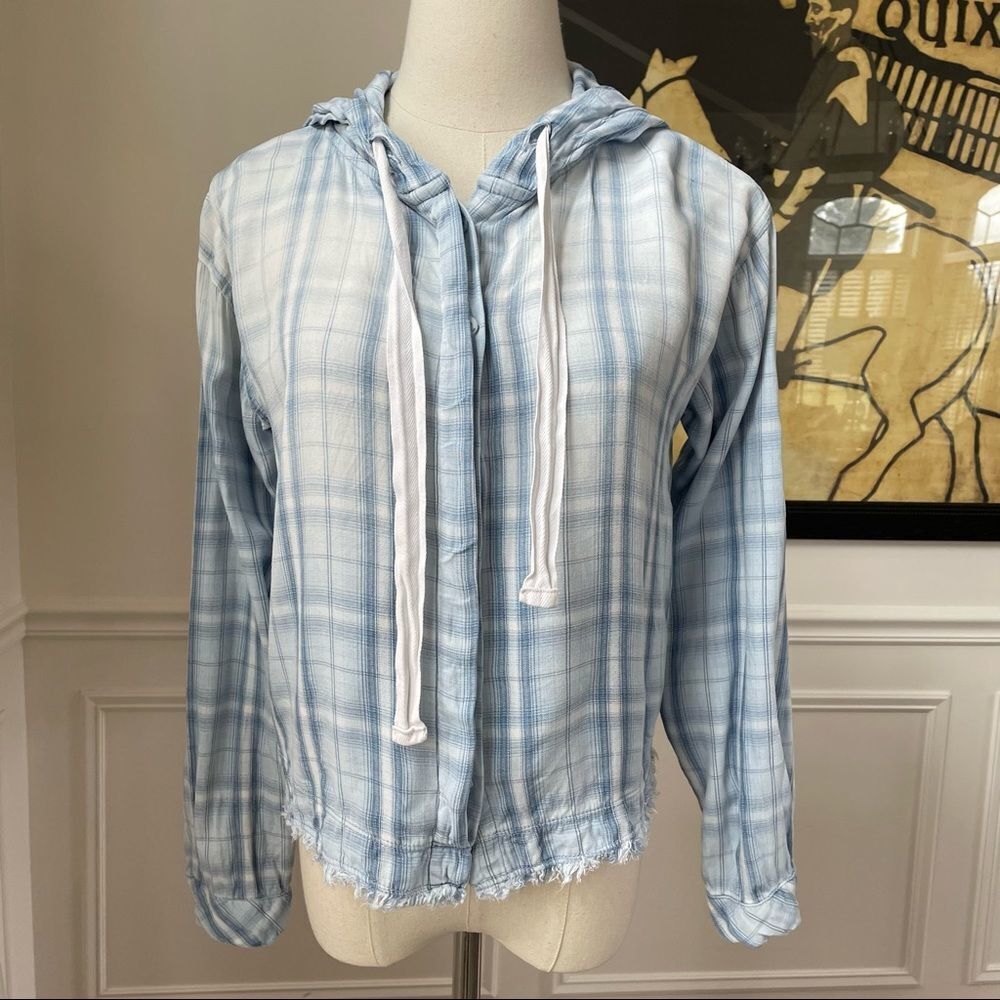 Cloth & Stone Melange Blue Plaid Fray Hem Button Front Hoodie Shirt XS